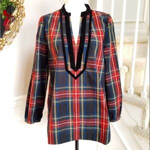 J CREW Sz M tartan plaid long tunic with velvet trim at neck & elasticized wrist
